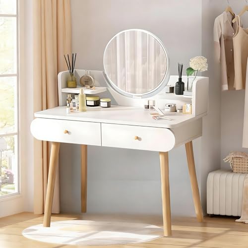 Makeup Vanity Table Set with Mirror, 2 Drawers, 2 Shelves, White | Medium Density Fiberboard, Modern Design, 31.5"L x 15.7"W x 47.2"H, No Stool Included - color: White
