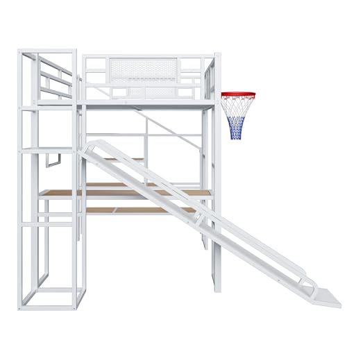 LUMISOL Full Size Loft Bed with Desk and Stairs, Heavy Duty Metal Loft Bed Frame with Storage Shelves and Basketball Hoop, Noise Free, No Box Spring Needed, White - color: White, size: Full with Slide