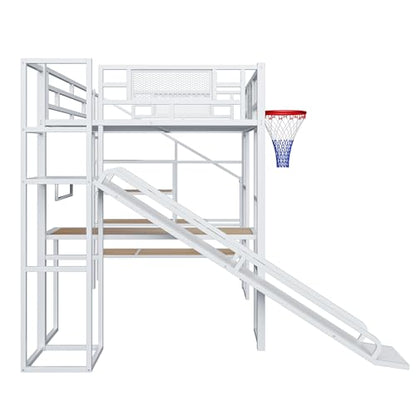 LUMISOL Full Size Loft Bed with Desk and Stairs, Heavy Duty Metal Loft Bed Frame with Storage Shelves and Basketball Hoop, Noise Free, No Box Spring Needed, White - color: White, size: Full with Slide