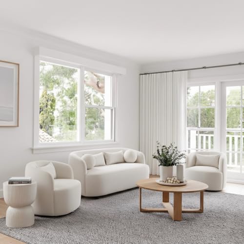 KINWELL 68" Boucle Upholstered Loveseat with 2 Swivel Barrel Chairs, Cream | No Assembly Sherpa Living Room Furniture Sets, 2-Seater Couch Settee and Accent Chairs Armchairs for Small Spaces Apartment - color: Beige, size: Loveseat + 2 Chairs