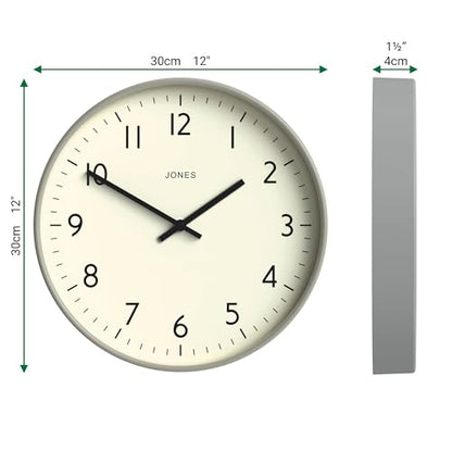 JONES CLOCKS® Studio Clock | Modern Round wall Clock | 12" | Gray | Easy to Read Numbers | Versatile Design for Kitchen, Living Room or Office - color: Pepper Grey