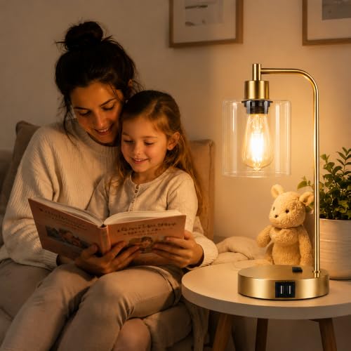 Industrial Touch Control Table Lamps Set of 2 - Gold Nightstand Bedside Lamps with 2 USB Ports & AC Outlet, 3-Way Dimmable Desk Lamp for Bedroom Living Room, Glass Shade & 2 LED Bulbs Included - color: Gold(2 Pack) - Clear Glass-Touch Control