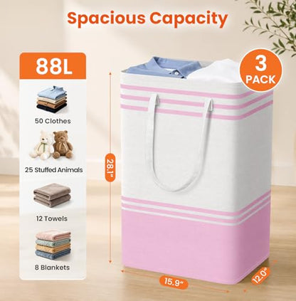 TranquilRelax 3-Pack Laundry Basket, Laundry Hamper, Pink-88L | Freestanding＆Water-Resistant Laundry Hamper, Collapsible Tall Clothes Hamper with Carry Handles for Clothes, Laundry Basket - color: Pink, size: 88L