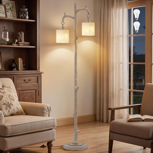 EJIAXIN Floor Lamp for Living Room - 69" Rustic Tree Trunk Standing Lamps - Country Resin Tall Lamp with 2 Reading Light - Farmhouse Floor Lamp for Bedroom Office Home Decor (Grayish White) - color: Grayish White