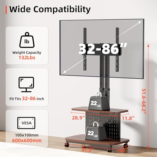 Mobile TV Cart on Wheels,Height Adjustable Rolling TV Stand for 32-85 inch TVs,with 5-Level Lift,35° Swivel,Portable Media Cart for Office,Outdoor | Height Adjustablewith 5-Level Lift,35° Swivel,Dual Shelves & Pegboard Storage,Portable Media Cart for Home