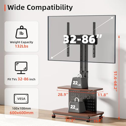 Mobile TV Cart on Wheels,Height Adjustable Rolling TV Stand for 32-85 inch TVs,with 5-Level Lift,35° Swivel,Portable Media Cart for Office,Outdoor | Height Adjustablewith 5-Level Lift,35° Swivel,Dual Shelves & Pegboard Storage,Portable Media Cart for Home