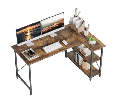 L-Shaped Rustic Brown Desk with Adjustable Shelves, 55 inches OD51664