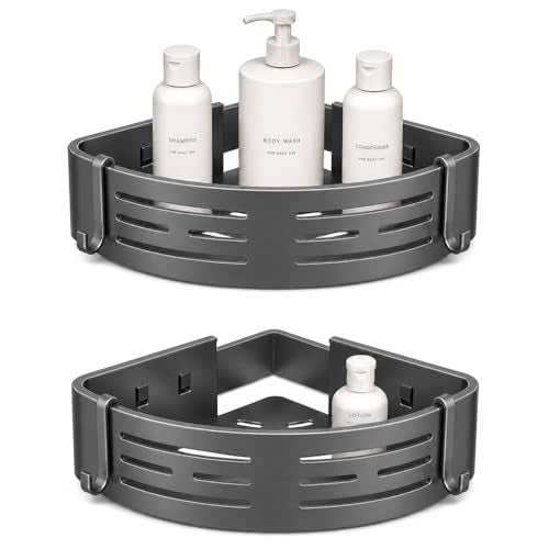 Adhesive Corner Shower Caddy 2-Pack, No Drill, Easy to Install | Rust-resistant aluminum shower shelves in matte gray for 90-degree corners only. Use together or separately.