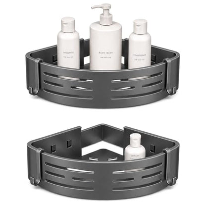 Adhesive Corner Shower Caddy 2-Pack, No Drill, Easy to Install | Rust-resistant aluminum shower shelves in matte gray for 90-degree corners only. Use together or separately.
