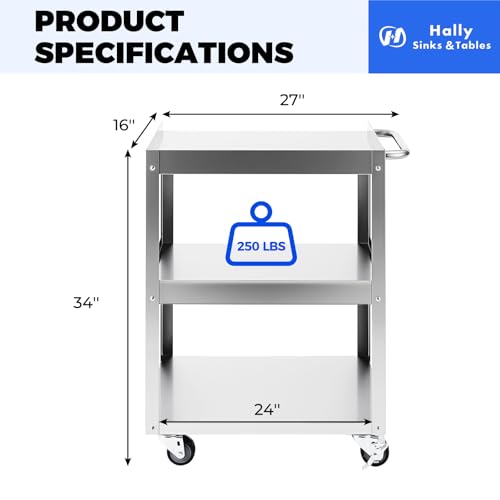 Hally Stainless Steel Utility Cart 3 Tier NSF Rolling Carts 24" Lx16 Wx34 H | Commercial Heavy Duty Metal Mobile Food Cart, with Handle and Wheels, for Kitchen, Restaurant, Hospital, Laboratory and Home - size: 16''x24''x34''