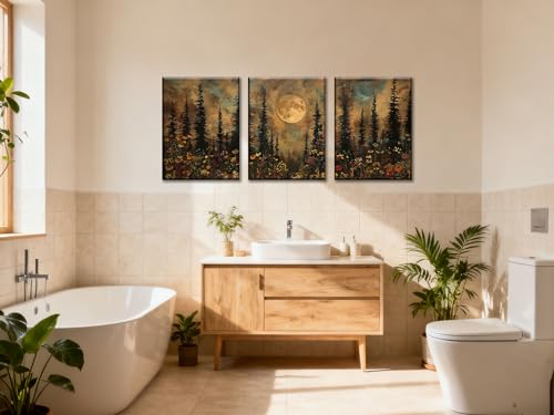 Frimeeme Vintage Moon Forest Wall Art Set of 3,Canvas Print Set Wildflower Pine Trees Rustic Nature Decor for Farmhouse Bedroom Living Room Aesthetic, 12x16 inches - color: Framed - Moon Forest Wall Art, size: 12"L x 16"W x 3Pieces