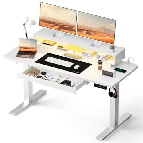GTPLAYER Electric Standing Desk with Drawers, 48 x 24 Inch Height Adjustable Gaming Desk with Monitor Stand, Power Outlets & LED Lights, Home Office Sit Stand Up Desk with Memory Preset (White) - color: White, size: 48*24"
