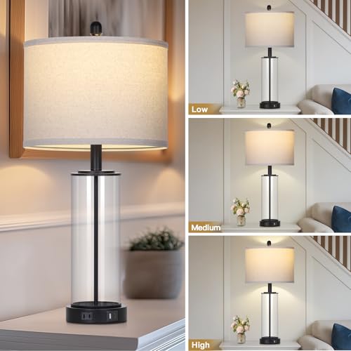 26" Black Glass Table Lamps Set of 2, 3-Way Dimmable Touch Control Living Room Lamp with USB C+A Ports & AC Outlet, Modern Bedside Lamps, Elegant Bedroom Lamps for Nightstand Side End Table Desk - color: Black1