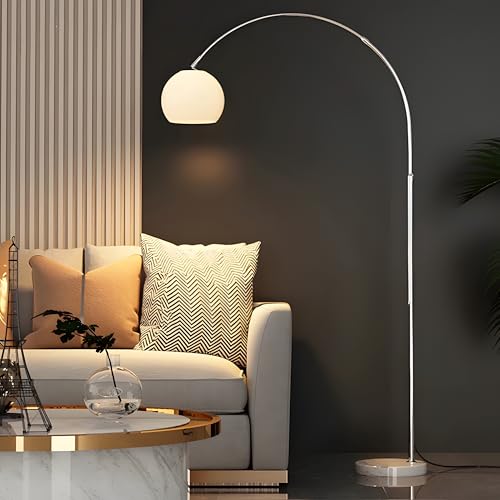 Mid Century Modern White Arc Floor Lamp for Living Room and Bedroom | 9.84 In Globe Acrylic Lampshade,Marble Base,59-70 In Adjustable Height,3000K Warm Light,Foot Switch Control,Couch Lamp - color: White-Acrylic