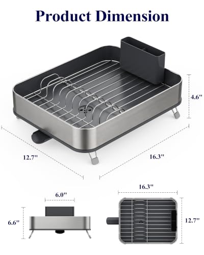 Kitsure Dish Drying Rack - Stainless Steel Dish Rack with Cutlery Holder, Rust-Resistant Wrapped Edges, Space-Saving Dish Racks for Kitchen Counter, 16.3" x 12.7" x 4.6", Black