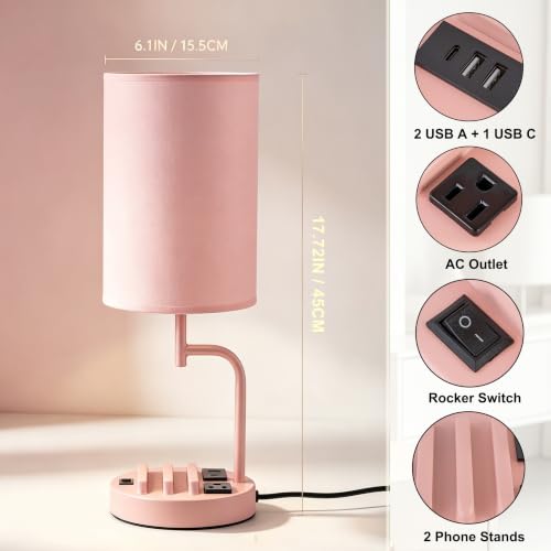 Dreamholder 2 Pack Table Lamp, Bedside Lamp with 3 USB Charging Ports & AC Outlet, USB Desk Lamp with 2 Phone Holders, Linen Fabric Shade Nightstand Lamps for Bedroom Living Room Office, Pink - color: Pink