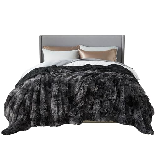 Bedsure GentleSoft Fluffy Tie Dye Black Blankets Queen Size for Bed, Thick Sherpa Faux Fur Fleece Fuzzy Plush Winter Warm Soft Queen Blankets, Black Bedroom Decor Cozy Gifts for Women Men, 90x90 - color: 03- Tie Dye Black, size: Queen (90" X 90")