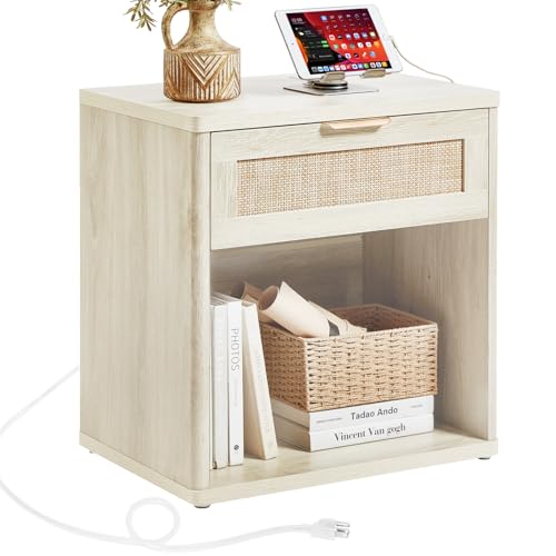 LEYAOYAO Rattan 23" Nightstands with Charger for Bedroom | Gold Metal Handle, Storage Shelf, Grey Night Stand with Drawer, Boho Bedside Table, Bed Side End Tables Living Room, Hallway - color: Grey White, size: 1 Drawer