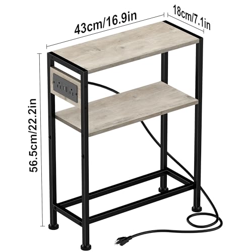Small Narrow Side Table with Charging Station, Skinny End Table for Small Spaces, Slim Nightstand with Outlets, Sofa Bedside Table in Living Room, Bedroom, Kitchen and Balcony (Greige) - color: Greige