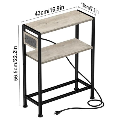 Small Narrow Side Table with Charging Station, Skinny End Table for Small Spaces, Slim Nightstand with Outlets, Sofa Bedside Table in Living Room, Bedroom, Kitchen and Balcony (Greige) - color: Greige