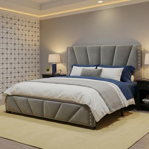 EnHomee Queen Bed Frame with LED Lights & USB, Noise-Free, Grey | Adjustable Velvet Headboard，Under-Bed Storage，Heavy Duty Support with 12 Slats，No Box Spring Needed，Easy Assembly for Bedroom - color: Grey, size: Queen (U.S. Standard)