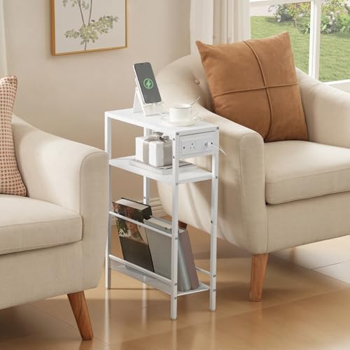 HOOBRO Small Narrow Side Table with Charging Station, Skinny End Table for Small Spaces, Slim Nightstand with USB Ports Outlet, Sofa Beside Table with Storage Shelf, White WT102UBZ01 - color: White