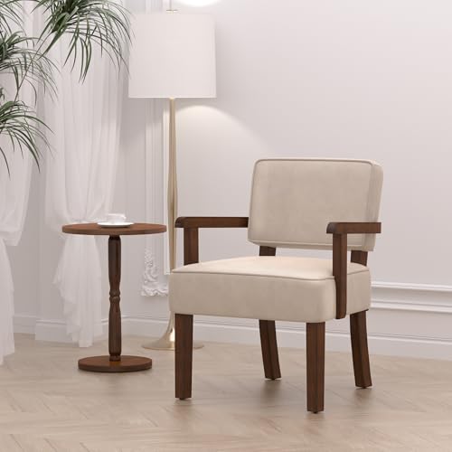 Faux Leather Accent Chair, Mid-Century Armchair with Wood Frame | Upholstered Living Room Chair, Comfy Reading Chair for Bedroom, Waiting Room, Home Office, Easy Assembly, Beige - color: Faux Leather Beige, size: One Chair