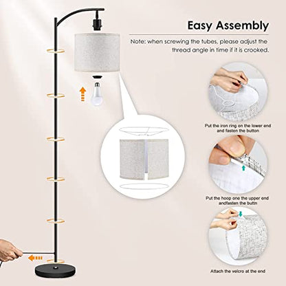 Modern Arc Floor Lamp with Dimmer Mid Century Striped Black White Metal Standing Lamp with Linen Shade Footswitch for Living Room Bedroom Office