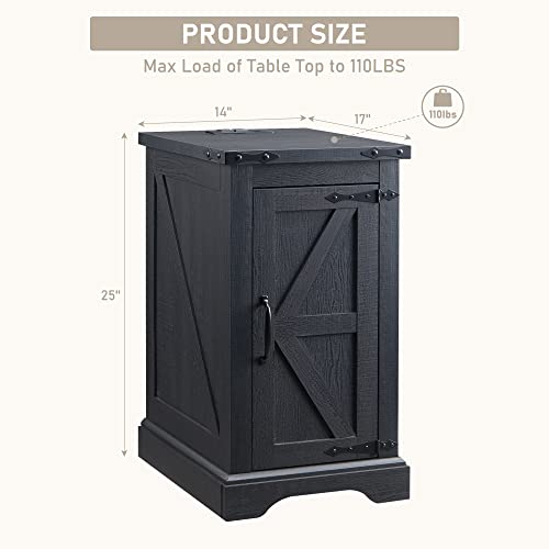 Farmhouse 17" Nightstand with Charging Station, Black | Rectangular/ Rustic End Table with Barn Door /Adjustable Shelf/ Wood Sofa Side Table/ for Living Room, Bedroom - color: Black Color