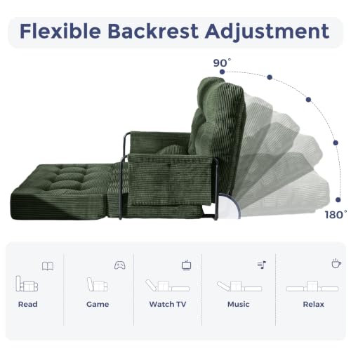 MAXYOYO Adjustable Folding Sofa Bed Couch with 2 Pillows, Dark Green | Multi-Functional Bean Bag Bed, 5-Position Foldable Lazy Floor Sofa Bed with Armrest, Versatile Floor Seating for Reading - color: Dark Green