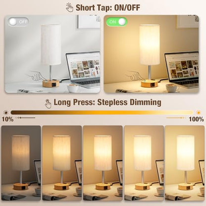 Touch Bedside Table Lamp for Bedroom, Stepless Dimmable, USB A+C, AC Outlet | Base Touch Button Only, Memory Brightness, Ultra-dim Night Light, Included Bulb for Optimal Dimming, Wood Grain Base, Nursery - color: Beige & Wood Grain