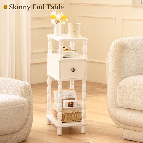 MaxSmeo White Narrow End Table, Small Side Table Living Room, Skinny Bedside Table Nightstand with Drawer for Small Spaces, Bedroom (White) - color: White