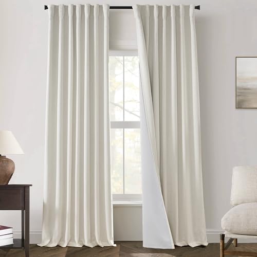 Cream Linen Blackout Curtains 84 Inches Long, Thermal Insulated Energy Efficient Drapes, Rustic Farmhouse Back Tab Pleated Black Out Window Curtain for Bedroom Living Room 2 Panels Set - color: Cream, size: 50"W x 84"L (Pack of 2)