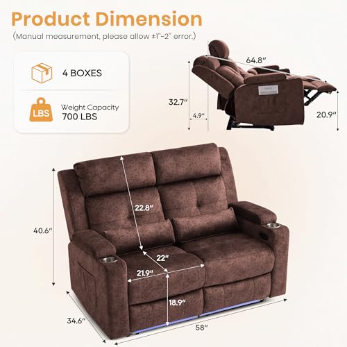 Power Reclining Loveseat with LED Lights/Arm Storage, Wall Hugger Loveseat Recliner with USB Ports, 2 Cushions, Power Loveseat Sofa for Living Room, Home, RV Camper(Brown, 2 Seat) - color: Brown, size: 2 Seat