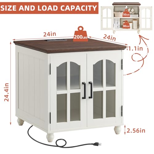 RWYHG Farmhouse 24" End Table with Charger, Glass Barn Door, White | USB Ports, Solid Wood Legs, Adjustable Storage Shelf, Square Bedside Table for Living Room,Bedroom - color: White, size: Set 1