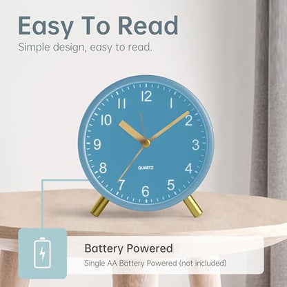 JALL Analog Alarm Clock, 4 inch Super Silent Non Ticking Small Clock with Night Light, Battery Operated, Simple Design, Easy Setting for Office, Bedroom, Bedside, Desk, Teens, Elders, Adult, SkyBlue - color: Skyblue+gold