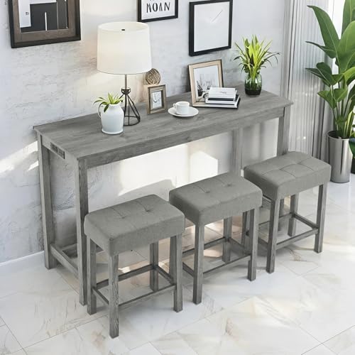 59" Industrial 4 Piece Bar Table Set with Built-in Power Outlet, Behind Couch Sofa Table with 3 Linen Upholstered Stools, Bar Table and Chairs Set for Living Room, Dining Room, Lounge, Gray - color: R2-gray