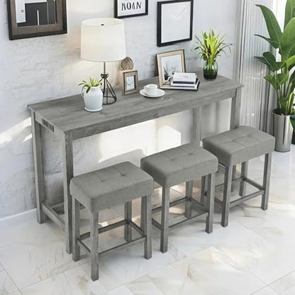59" Industrial 4 Piece Bar Table Set with Built-in Power Outlet, Behind Couch Sofa Table with 3 Linen Upholstered Stools, Bar Table and Chairs Set for Living Room, Dining Room, Lounge, Gray - color: R2-gray