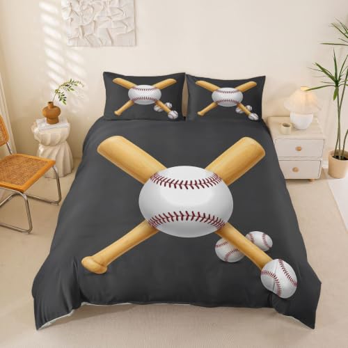 Feelyou Sports Baseball Bedding Set 3D Baseball Bat Printed Duvet Cover for Kids Boys Teens Comforter Cover Lightweight Sports Bedspread Bedroom Collection 3Pcs Queen,Gray - color: Multi 12(no Comforter), size: Queen