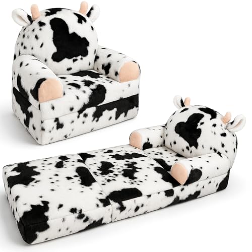 QIUODO Comfy Toddler Couch Chair, 2-in-1 Foldable Kids Sofa | Fold Out Toddler Couch with Faux Rabbit Fur, Soft Kids Sofa for Reading, Bedroom or Playroom Use, Ages 1-3（Cow）