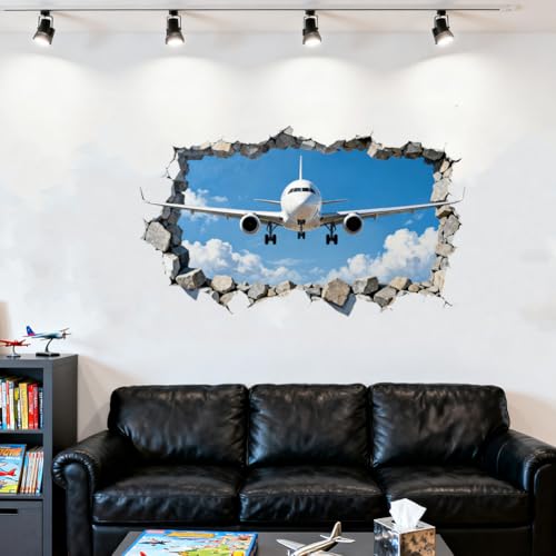 3D Breaking Airplane Wall Decals, Wall Stickers Decor | 2 Sheets 11.8"x37.8" Vinyl Removable Peel and Stick Murals, Plant Decor for Bedroom, Bathroom, Office, Classroom & Home - style: 3D Breaking Airplane
