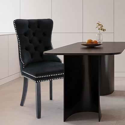 Velvet Upholstered Dining Chairs Set of 4, Modern Style Kitchen Side Chairs with Nailhead Trim and Wood Legs,Metal Pulling Ring for Dining Room Living Room(Black,Set of 4) - color: Black, size: Set of 4