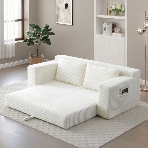 73" Corduroy Cloud Loveseat Sofa, 2-in-1 Convertible Sleeper Sofa Bed with Memory Foam, No-Assembly Sofa-in-a-Box for Small Spaces Living Room/Apartment/Office (Beige) | Corduroy - color: Beige