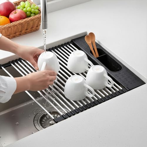 Roll Up Dish Drying Rack Over Sink, 17.5" x 15.2" Foldable SUS304 Stainless Steel Kitchen Dish Drainer, Heat-Resistant Multipurpose Rolling Sink Rack Organizer,Black - size: Black（17.5" X 15.2"）