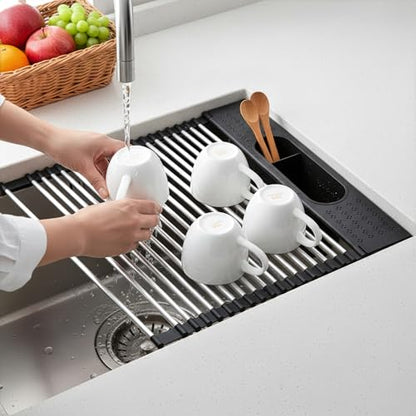 Roll Up Dish Drying Rack Over Sink, 17.5" x 15.2" Foldable SUS304 Stainless Steel Kitchen Dish Drainer, Heat-Resistant Multipurpose Rolling Sink Rack Organizer,Black - size: Black（17.5" X 15.2"）