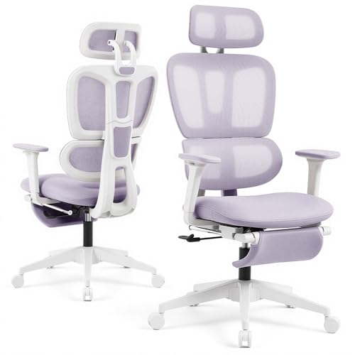 Ergonomic Office Chair with Footrest and Dynamic Lumbar Support, Purple | Reclining high-back computer chair, memory foam seat, 2D armrests, 2D headrest, mesh desk chair for home office, long hours - color: Purple