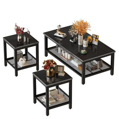 3 Pieces Living Room Table Set, Industrial Coffee Table with 2 Square End Side Tables, Coffee Table Set with Metal Frame for Apartment Home Office, Black - color: Black
