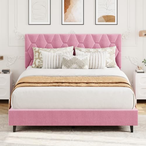 GAOMON Pink Full Bed Frame with Upholstered Headboard, Heavy-Duty Platform Bed Frame with Strong Wood Slats, No Box Spring Needed/Noise Free/Easy Assembly | Heavy-Duty Bed Frame with Wooden Slats Support Upholstered Mattress Foundation No Box Spring Neede