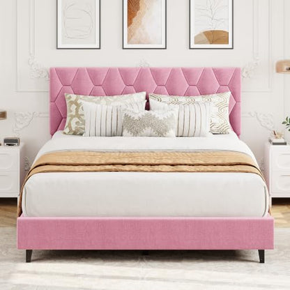 GAOMON Pink Queen Bed Frame with Upholstered Headboard, Heavy-Duty Platform Bed Frame with Strong Wood Slats, No Box Spring Needed/Noise Free/Easy Assembly | Heavy-Duty Bed Frame with Wooden Slats Support Upholstered Mattress Foundation No Box Spring Need