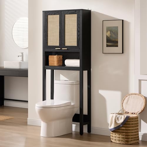 SICOTAS Over the Toilet Storage Cabinet, Rattan Door Bathroom Organizer | Freestanding Bathroom Organizer with Adjustable Shelf, Over Toilet Storage Cabinet for Bathroom, Laundry Room, dnd Restroom - color: Black Oak